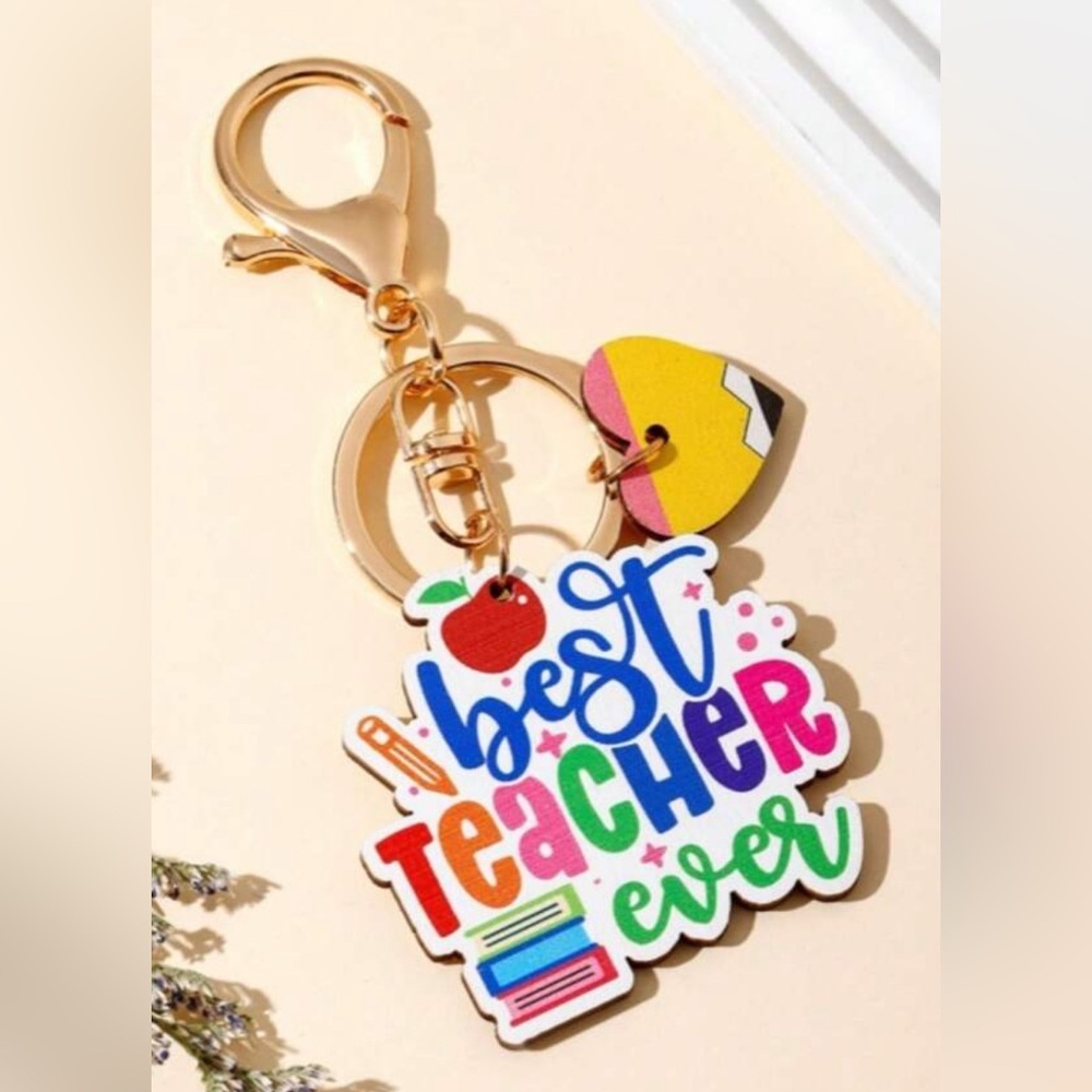 “Best Teacher Ever” Multi-color, Gold Tone Purse Charm/Keychain.